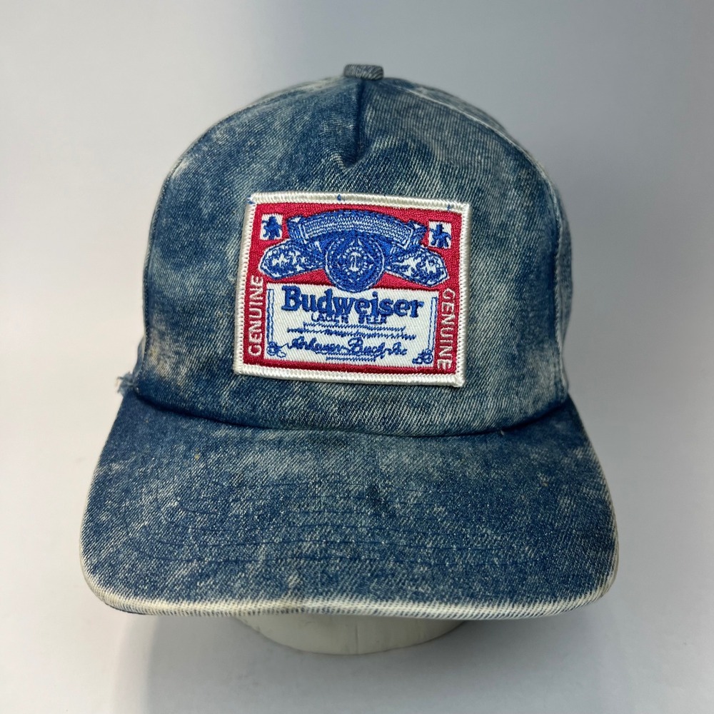 Vintage Budweiser Acid Wash Denim Trucker Hat Snapback‎ Blue Beer Patch Cap